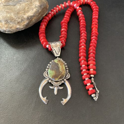 Navajo Green Gaspeite Naja Pendant with Red Coral | Sterling Silver | 23" Necklace | Authentic Native American Handmade | 11165