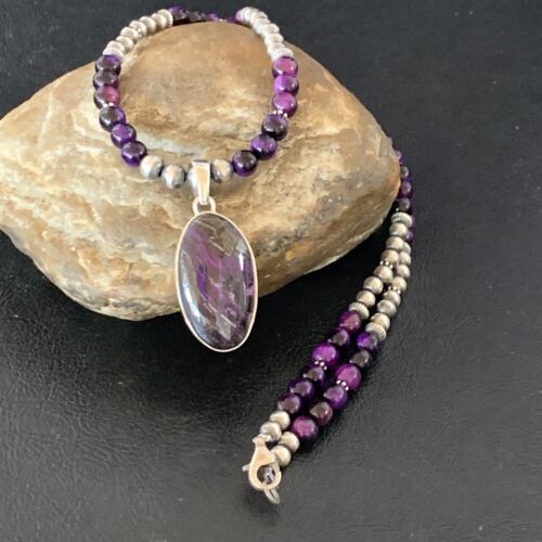 Navajo Pearls Purple Sugilite Onyx Necklace Pendant | Sterling Silver | Authentic Native American Handmade | 13392