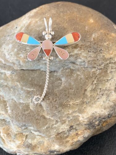 Zuni Turquoise Pink Mother of Pearl Inlay Dragonfly Necklace Pin Pendant | Sterling Silver | 12325