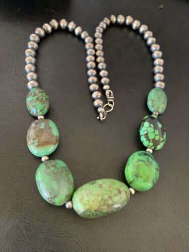 Chunky Navajo Graduated Natural Green Turquoise Necklace | Sterling Silver | Authentic Native American | 18" | 11769