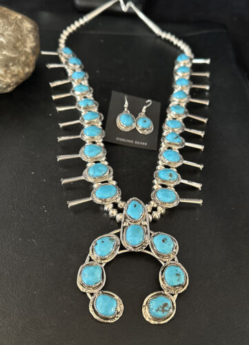 Kingman Turquoise Squash Blossom Necklace | Navajo Sterling Silver Naja | Authentic Native American | 14456