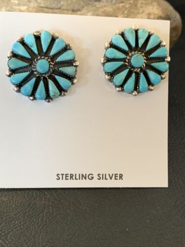 Navajo Blue Cluster Turquoise Stud Post Earrings | Sterling Silver | Authentic Native American Handmade | 12301