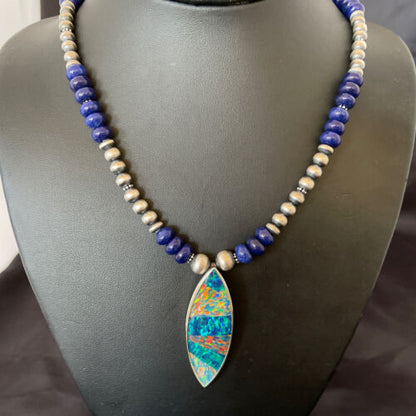 Men's Sterling Silver Necklace | Blue Lapis Bead Opal Inlay Pendant | Authentic Native American Handmade | 10585