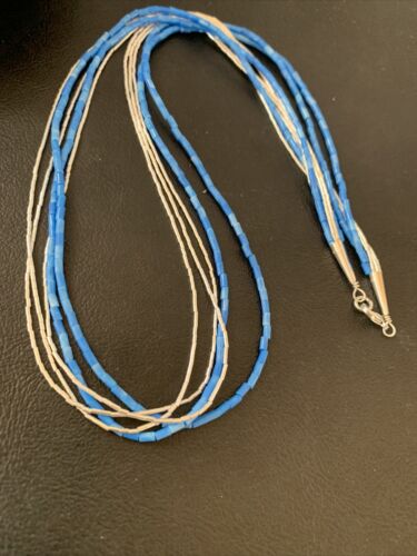 Navajo Denim Lapis Tube Beads Necklace | 5-Strand Liquid Silver Heishi | Sterling Silver | 02179 - Masha USA