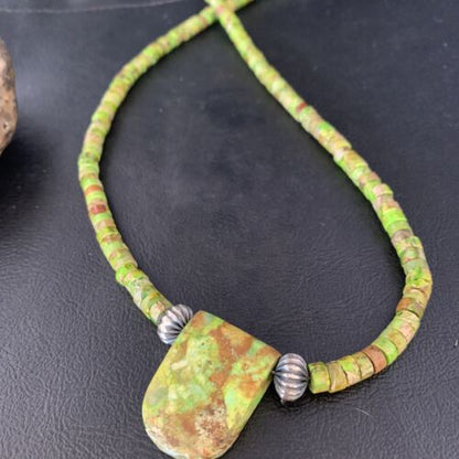 Navajo Green Gaspeite Turquoise Pendant | Sterling Silver | Authentic Native American Handmade | 13914 - Masha USA