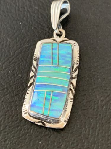 Authentic Native American Navajo Sterling Silver Pendant | Blue Faux Opal Inlay | 01480