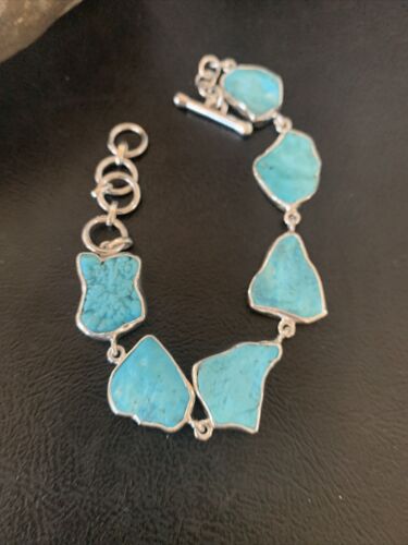 Navajo Blue Kingman Turquoise Rough Link Bracelet | Sterling Silver | 8" | 11649