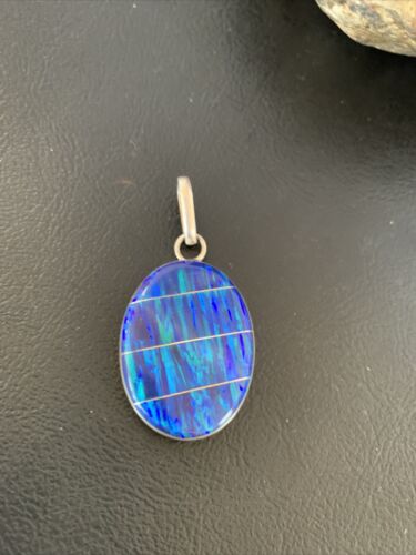 Navajo Sterling Silver Peacock Blue Opal Inlay Pendant | Men's Women's | Authentic Native American | 13141
