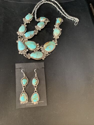 Navajo Sterling Silver Lariat Necklace 30" | Blue #8 Turquoise Earrings | Native American Handmade | 13770