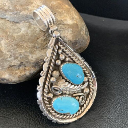 Southwestern Blue Turquoise Cluster Pendant | Authentic Men's Sterling Silver | Multi-Stone | 3" | 02104
