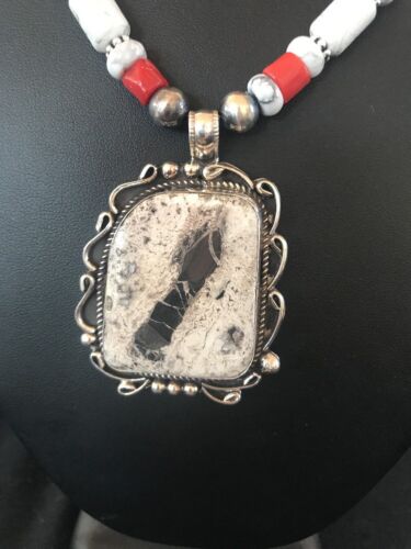 Navajo Pearls White Buffalo Turquoise Necklace Pendant | Sterling Silver | Authentic Native American Handmade | 8216