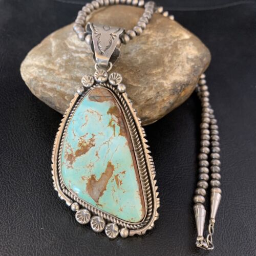 Blue Royston Turquoise Pendant Necklace | Sterling Silver | 3.5" | Authentic Native American Handmade | 13939