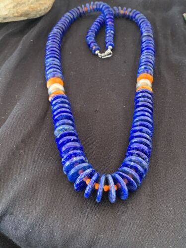 Authentic Native American Navajo Sterling Silver Beads Necklace Set | Lapis & Spiny Oyster| 30" | 11856