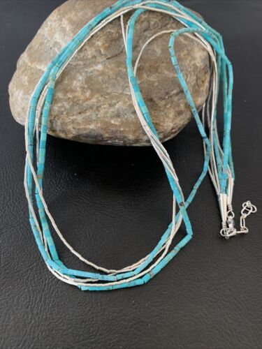 Navajo Turquoise Tube Beads | Liquid Silver Heishi | 5-Strand Sterling Silver Necklace 21" | 2178