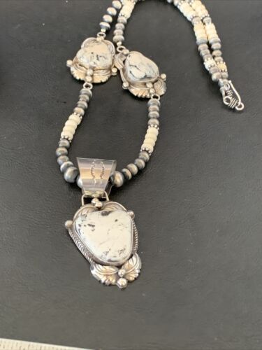Navajo Pearls White Buffalo Turquoise Necklace Pendant | Sterling Silver | Authentic Native American Handmade | 10868
