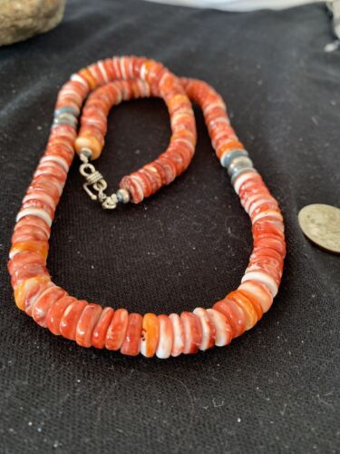 Southwestern Red Spiny Oyster Necklace | Navajo Pearls | Sterling Silver | Authentic Native American Handmade | 20" | 00556