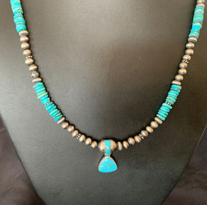 Navajo Pearl Necklace with Blue Turquoise Inlay Pendant | Sterling Silver | Authentic Native American Handmade | 12500
