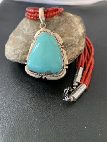 Navajo Red Coral Turquoise Bead Necklace Pendant | Sterling Silver | Multi-Strand | 1953