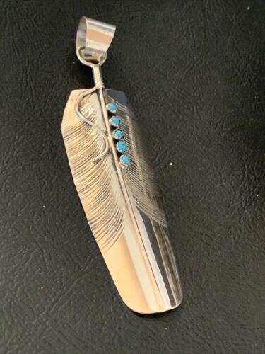 Navajo Turquoise Feather Pendant | Authentic Native American Sterling Silver | Multi-Stone | Handmade | 3.5" | 2106
