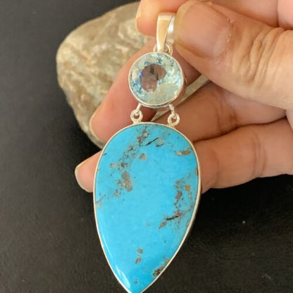 Southwestern Navajo Blue Topaz Turquoise Pendant | Sterling Silver | 3" | 10711