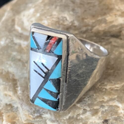 Native American Zuni Men's Spiny Blue Turquoise Inlay Ring | Sterling Silver | Sz 15 | 12424
