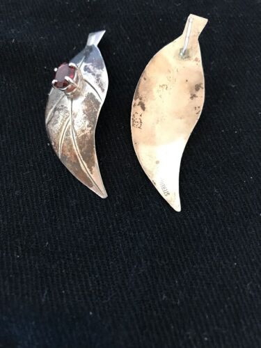 Handmade Feather Garnet Earrings | Old Pawn Sterling Silver | 2" | 13064