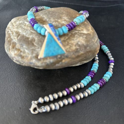 Navajo Blue Turquoise Sugilite Pendant | Sterling Silver Inlay Necklace | Authentic Native American Handmade | 14642
