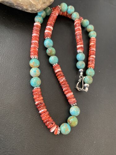 Men's Royston Turquoise & Red Spiny Necklace | Navajo Pearl | Sterling Silver | Native American | 22" | 02173