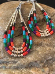 Handmade Liquid Silver Heishi Dangle Earrings | Turquoise Coral | Sterling Silver | 2" | 2001
