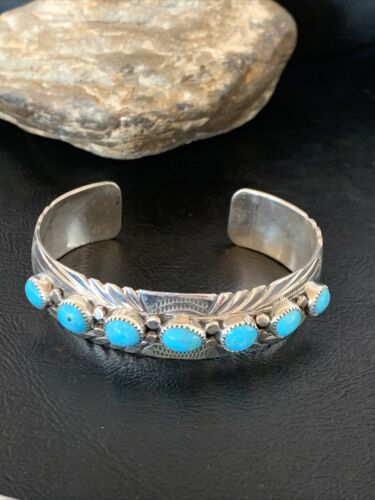 Navajo Kingman Turquoise Cuff Bracelet | Sterling Silver | 7 Stone | Authentic Native American Handmade | 12314