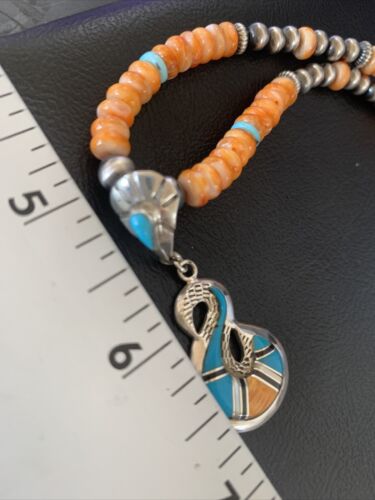 Navajo Pearls Necklace with Orange Spiny Oyster & Turquoise Pendant | Sterling Silver | Authentic Native American | 20" | 12703