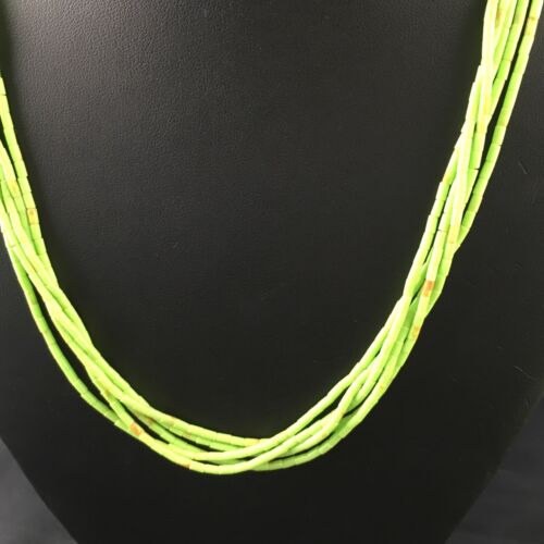 Native American Green Gaspeite Tube Heishi Necklace | 5 Strand | Sterling Silver | 19" | 10258