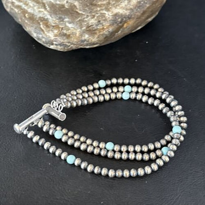 Navajo Pearls Blue Turquoise Bracelet | Sterling Silver | 3-Strand | Authentic Native American Handmade | 13588