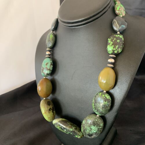 Navajo Sterling Silver Graduated Green Nugget Turquoise Necklace | Authentic Native American | 21" | 10726