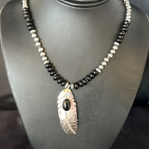 Native American Men's Navajo Pearls Necklace | Sterling Silver Black Onyx Pendant | 14627
