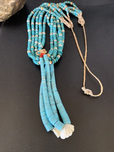 Native American Santo Domingo Spiny Blue Turquoise Shell Jacla Necklace | 5 Strand | 32" | 13192