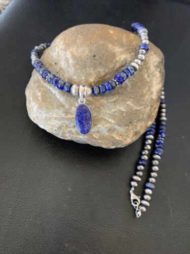 Native American Navajo Blue Lapis Pendant Necklace | Sterling Silver | Authentic Handmade | 12247 - Masha USA