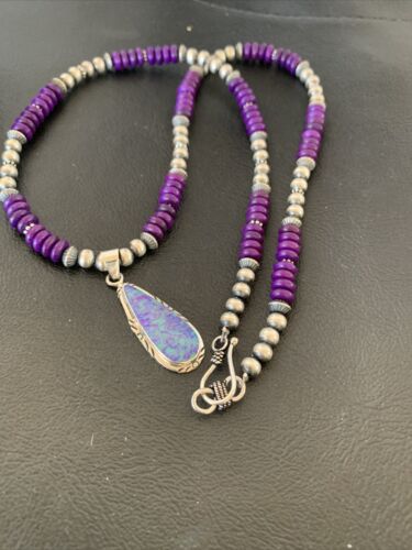 Navajo Purple Sugilite Necklace with Faux Opal Pendant | Sterling Silver | Authentic Native American Handmade | 01918