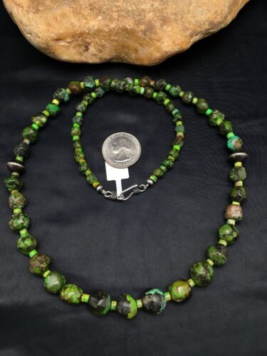 Navajo Green Nugget Graduated Turquoise Necklace | Sterling Silver | Authentic Native American | 24" | 8102