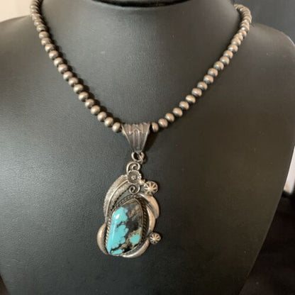 Navajo Pearl Necklace with Blue Spiderweb Turquoise Pendant | Sterling Silver | Native American Handmade | 13258