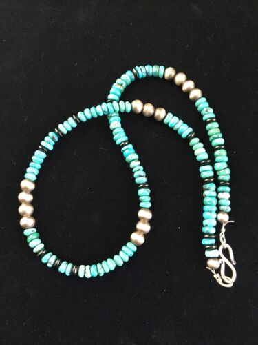 Native American Sterling Silver Necklace | Blue Turquoise & Onyx | 18" | 10027