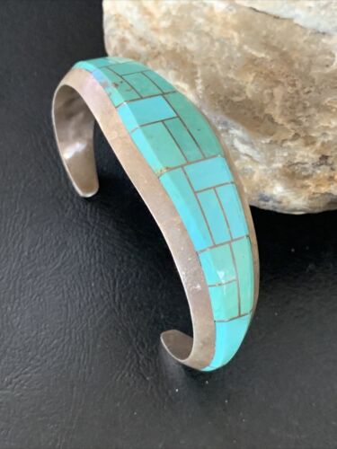 Native American Men's Bracelet | Sterling Silver Blue Kingman Turquoise Inlay | 12099