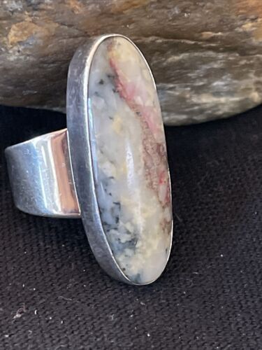 Native American Men's Cinnabrite Ring | Sterling Silver | White Black | Sz 7 | 01568