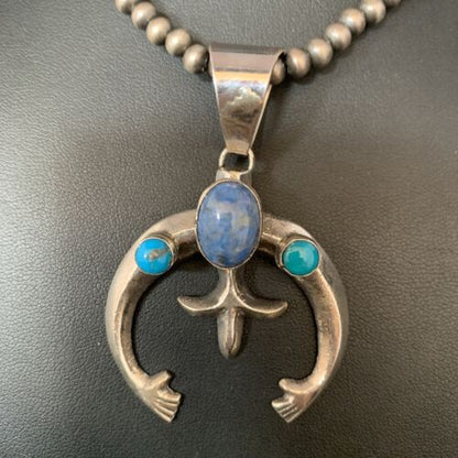 Navajo Sterling Silver Pendant Necklace | Denim Lapis & Turquoise | Authentic Native American Handmade | 13632