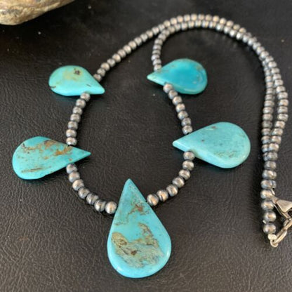 Navajo Teardrop Blue Turquoise Necklace | Sterling Silver Pearls | 20" | Authentic Native American Handmade | 13967