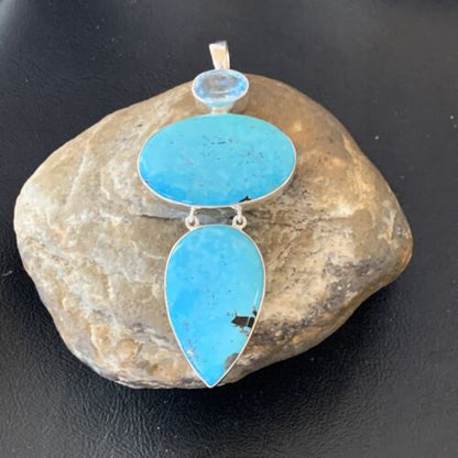 Navajo Blue Topaz Turquoise Multi-Stone Pendant | Authentic Native American Sterling Silver | 3.5" | 12024