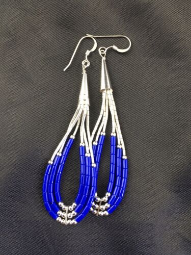 Native American Handmade Sterling Silver Heishi Dangle Earrings Set | Blue Lapis | 2" | 1961