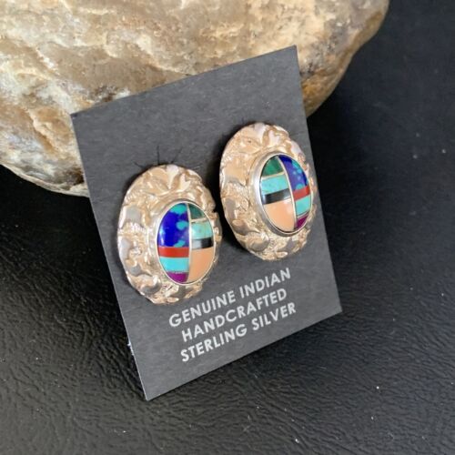 Women's Multi-Color Blue Turquoise Nugget Earrings | Sterling Silver | Authentic Native American Handmade | 13014