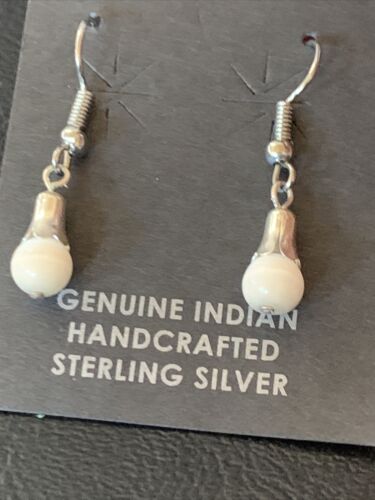 Navajo Sterling Silver White Moonstone Dangle Earrings | 0.50" | Authentic Native American Handmade | 13087 - Masha USA