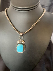 Men's Navajo Pearls Sterling Silver Necklace | Blue Kingman Turquoise Pendant | 12967